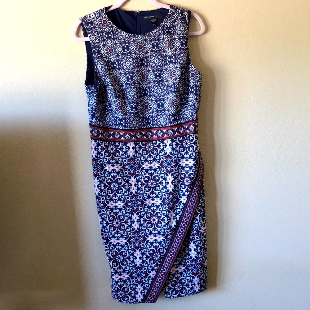 Maggy London Blue Red White Short Sleeve Flower Dress Sz 12